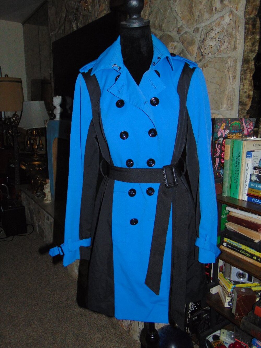 Vintage Y2K New York & Company Blue Black Color Block Fitted Trench Coat Jacket
